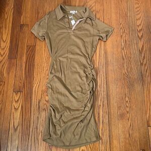 Sundry Polo V-neck dress Ruched sides collard tan sz 2 Medium NWT